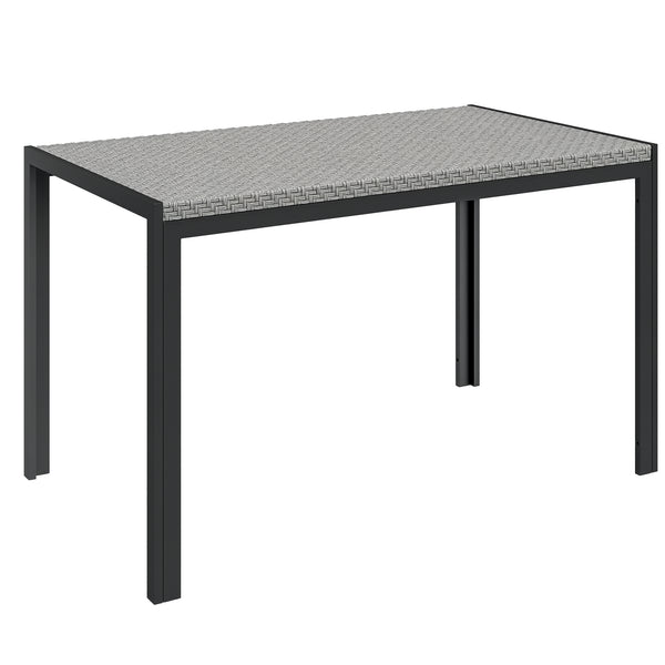 Table de jardin rectangulaire, table de salle à manger 4 personnes en métal et plateau résine tressée PE effet rotin, dim. 120L x 70l x 72H cm gris