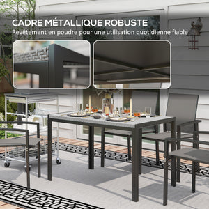 Table de jardin rectangulaire, table de salle à manger 4 personnes en métal et plateau résine tressée PE effet rotin, dim. 120L x 70l x 72H cm gris