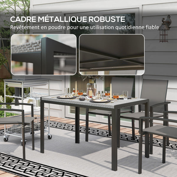 Table de jardin rectangulaire, table de salle à manger 4 personnes en métal et plateau résine tressée PE effet rotin, dim. 120L x 70l x 72H cm gris