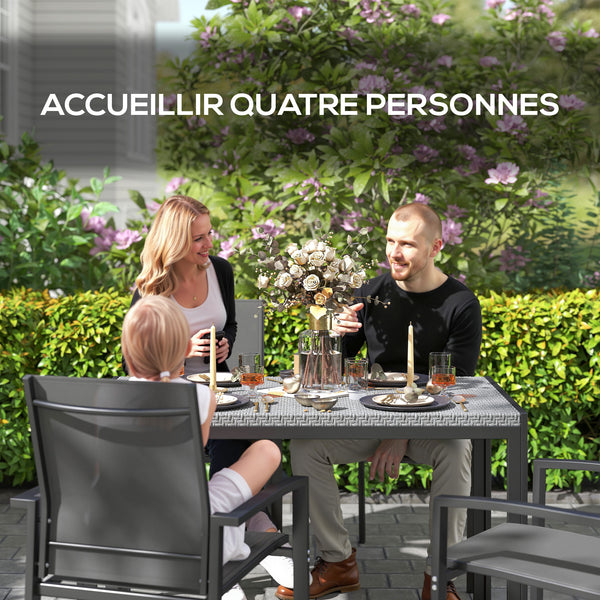 Table de jardin rectangulaire, table de salle à manger 4 personnes en métal et plateau résine tressée PE effet rotin, dim. 120L x 70l x 72H cm gris