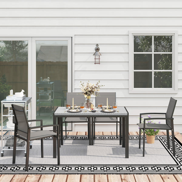 Table de jardin rectangulaire, table de salle à manger 4 personnes en métal et plateau résine tressée PE effet rotin, dim. 120L x 70l x 72H cm gris