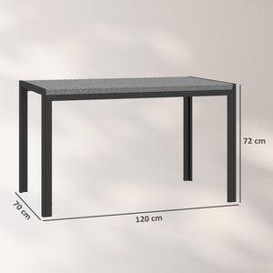 Table de jardin rectangulaire, table de salle à manger 4 personnes en métal et plateau résine tressée PE effet rotin, dim. 120L x 70l x 72H cm gris