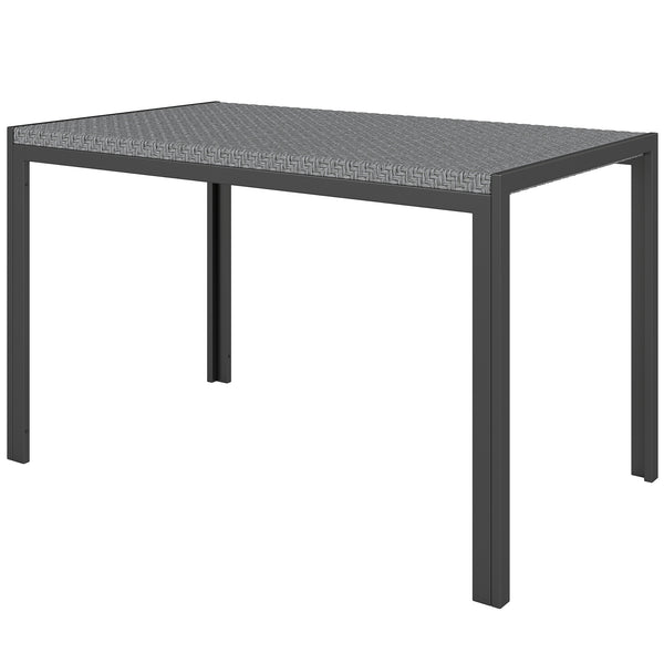 Table de jardin rectangulaire, table de salle à manger 4 personnes en métal et plateau résine tressée PE effet rotin, dim. 120L x 70l x 72H cm gris
