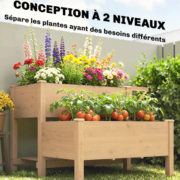 Potager sur Pieds à 2 niveaux, Jardinières surélevées avec étagères en bois avec doublure et trous de drainage pour fleurs et légumes, 119,5 x 102 x 76,5 cm, marron clair