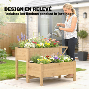 Potager sur Pieds à 2 niveaux, Jardinières surélevées avec étagères en bois avec doublure et trous de drainage pour fleurs et légumes, 119,5 x 102 x 76,5 cm, marron clair