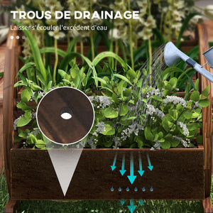 Jardinière sur Pieds carré Potager 3 étages Style Rustique Chic avec 2 roues Charrette Bois Sapin, trous de drainage, dim. 62L x 61l x 57H cm Marron