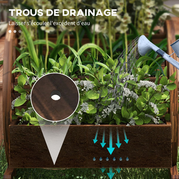 Jardinière sur Pieds carré Potager 3 étages Style Rustique Chic avec 2 roues Charrette Bois Sapin, trous de drainage, dim. 62L x 61l x 57H cm Marron
