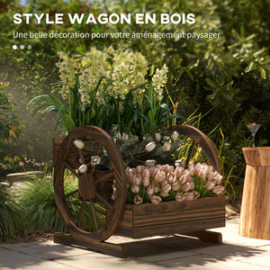 Jardinière sur Pieds carré Potager 3 étages Style Rustique Chic avec 2 roues Charrette Bois Sapin, trous de drainage, dim. 62L x 61l x 57H cm Marron