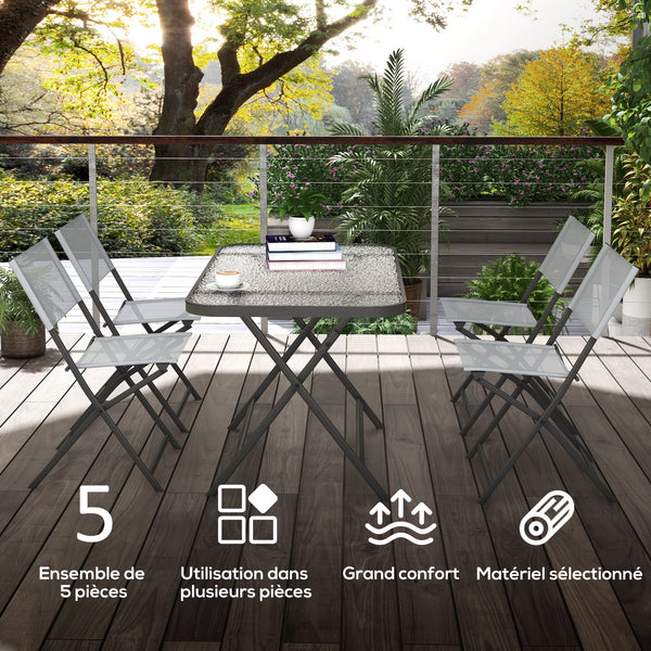 Ensemble de jardin 4 chaises + 1 table salon de jardin 5 pièces pilables chaises textilènes et plateau en verre trempé gris