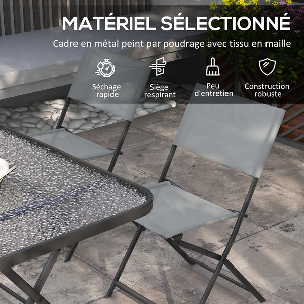 Ensemble de jardin 4 chaises + 1 table salon de jardin 5 pièces pilables chaises textilènes et plateau en verre trempé gris