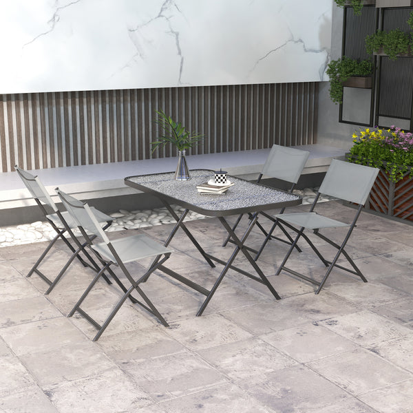 Ensemble de jardin 4 chaises + 1 table salon de jardin 5 pièces pilables chaises textilènes et plateau en verre trempé gris