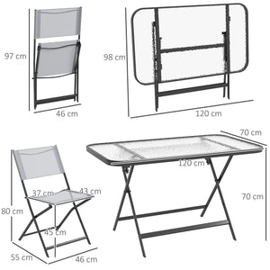 Ensemble de jardin 4 chaises + 1 table salon de jardin 5 pièces pilables chaises textilènes et plateau en verre trempé gris