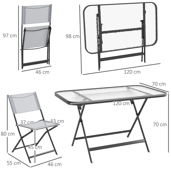 Ensemble de jardin 4 chaises + 1 table salon de jardin 5 pièces pilables chaises textilènes et plateau en verre trempé gris