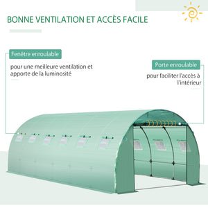 Bâche de Rechange Serre Tunnel 18 m², bâche 6 x 3 x 2 m PE Anti-UV imperméable 12 fenêtres + Porte Enroulable zippée vert