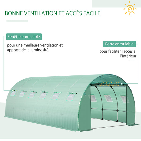 Bâche de Rechange Serre Tunnel 18 m², bâche 6 x 3 x 2 m PE Anti-UV imperméable 12 fenêtres + Porte Enroulable zippée vert