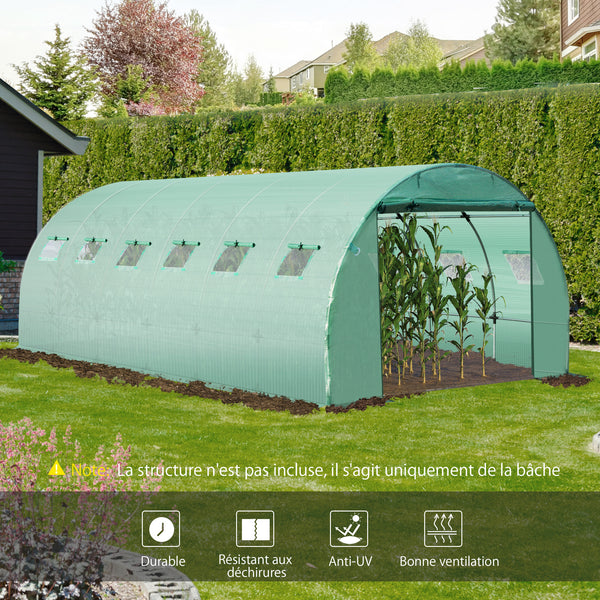 Bâche de Rechange Serre Tunnel 18 m², bâche 6 x 3 x 2 m PE Anti-UV imperméable 12 fenêtres + Porte Enroulable zippée vert