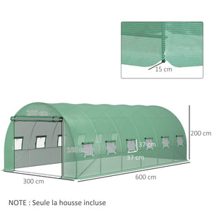 Bâche de Rechange Serre Tunnel 18 m², bâche 6 x 3 x 2 m PE Anti-UV imperméable 12 fenêtres + Porte Enroulable zippée vert
