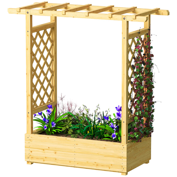 Jardinière Surélevée avec treillis Latéral et Supérieur, bac à fleurs, lit surélevé Trous de Drainage, pour plantes grimpantes, légumes, fleurs, extérieur, bois massif, bois naturel