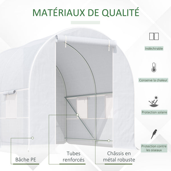 Serre de Jardin Tunnel Surface Sol 5 m² 2,5L x 2l x 2H m châssis Tubulaire renforcé 18 mm 4 fenêtres Blanc
