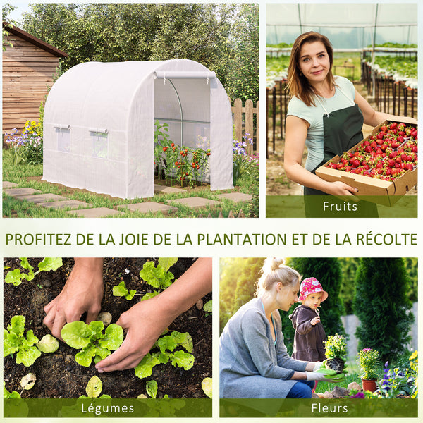 Serre de Jardin Tunnel Surface Sol 5 m² 2,5L x 2l x 2H m châssis Tubulaire renforcé 18 mm 4 fenêtres Blanc
