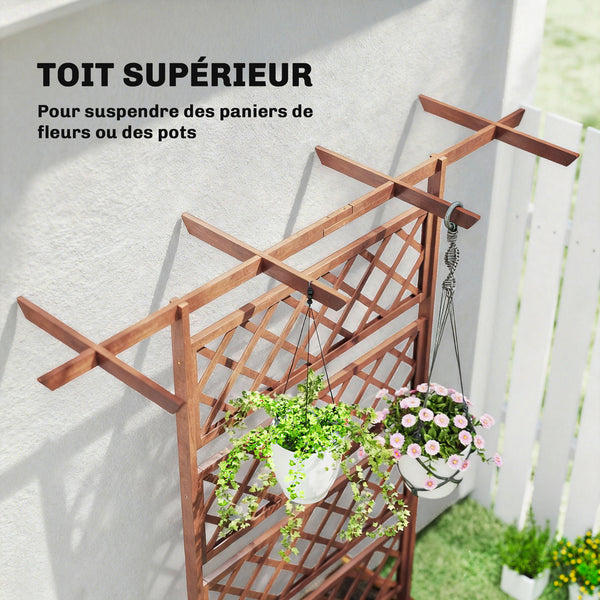 Jardinière Surélevée avec treillis et Barres de Toit, bac à fleurs, lit surélevé Trous de Drainage, tissu non tissé, pour plantes grimpantes, légumes, extérieur, bois massif, bois naturel