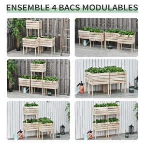 Jardinières sur Pieds carrés potagers - Lot de 4 jardinières sur Pied modulables - dim. 50L x 30l x 60H cm - Inserts d'irrigation Film Protecteur - Bois Sapin Naturel