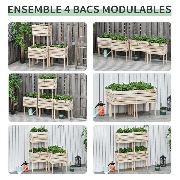 Jardinières sur Pieds carrés potagers - Lot de 4 jardinières sur Pied modulables - dim. 50L x 30l x 60H cm - Inserts d'irrigation Film Protecteur - Bois Sapin Naturel
