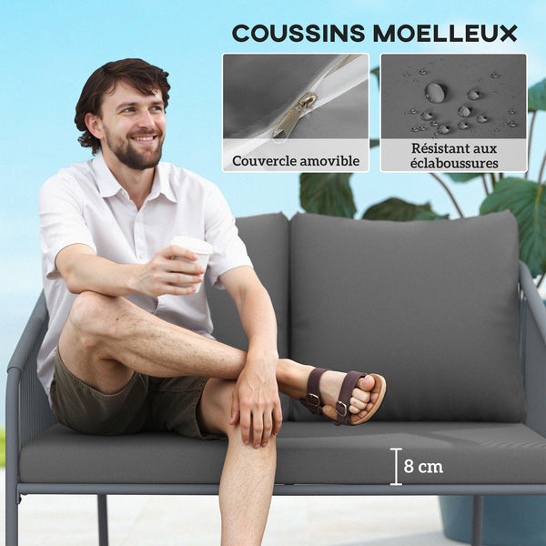 Canapé de jardin 2 places en résine tressée avec coussins, canapé d'extérieur avec accoudoirs, cadre en acier pour balcon, gris