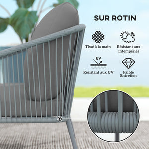 Canapé de jardin 2 places en résine tressée avec coussins, canapé d'extérieur avec accoudoirs, cadre en acier pour balcon, gris