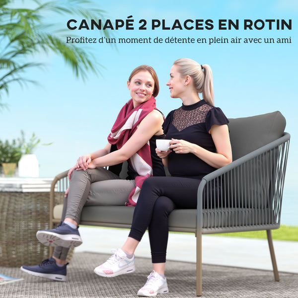 Canapé de jardin 2 places en résine tressée avec coussins, canapé d'extérieur avec accoudoirs, cadre en acier pour balcon, gris