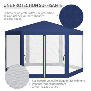 Tonnelle de jardin 3 x 3,4 m hexagonal, tente de réception avec parois latérales en maille, 2 portes, pavillon de jardin pour camping, festival, plage, bleu