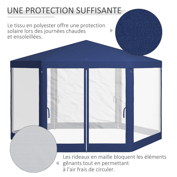 Tonnelle de jardin 3 x 3,4 m hexagonal, tente de réception avec parois latérales en maille, 2 portes, pavillon de jardin pour camping, festival, plage, bleu