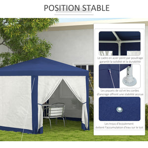 Tonnelle de jardin 3 x 3,4 m hexagonal, tente de réception avec parois latérales en maille, 2 portes, pavillon de jardin pour camping, festival, plage, bleu
