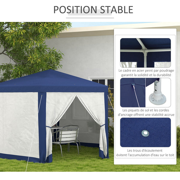 Tonnelle de jardin 3 x 3,4 m hexagonal, tente de réception avec parois latérales en maille, 2 portes, pavillon de jardin pour camping, festival, plage, bleu