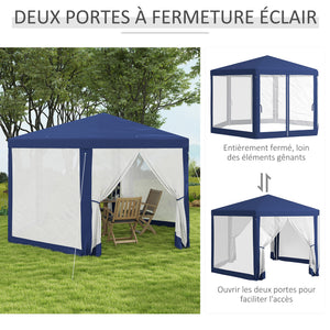 Tonnelle de jardin 3 x 3,4 m hexagonal, tente de réception avec parois latérales en maille, 2 portes, pavillon de jardin pour camping, festival, plage, bleu