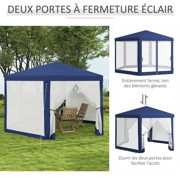 Tonnelle de jardin 3 x 3,4 m hexagonal, tente de réception avec parois latérales en maille, 2 portes, pavillon de jardin pour camping, festival, plage, bleu
