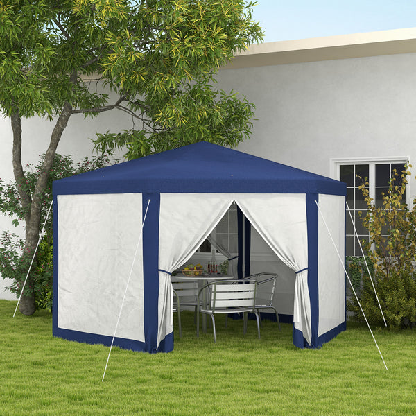 Tonnelle de jardin 3 x 3,4 m hexagonal, tente de réception avec parois latérales en maille, 2 portes, pavillon de jardin pour camping, festival, plage, bleu