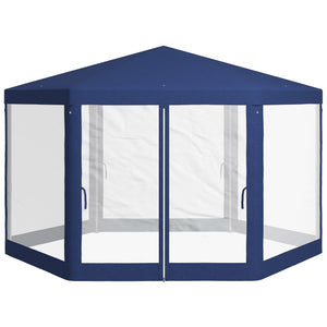 Tonnelle de jardin 3 x 3,4 m hexagonal, tente de réception avec parois latérales en maille, 2 portes, pavillon de jardin pour camping, festival, plage, bleu