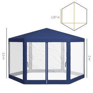 Tonnelle de jardin 3 x 3,4 m hexagonal, tente de réception avec parois latérales en maille, 2 portes, pavillon de jardin pour camping, festival, plage, bleu