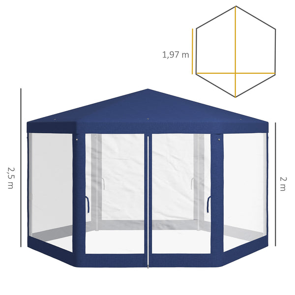 Tonnelle de jardin 3 x 3,4 m hexagonal, tente de réception avec parois latérales en maille, 2 portes, pavillon de jardin pour camping, festival, plage, bleu