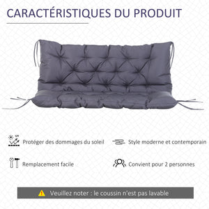 Coussin Matelas Assise Dossier pour Banc de Jardin balancelle canapé 2 Places Grand Confort 132 x 110 x 10 cm Gris