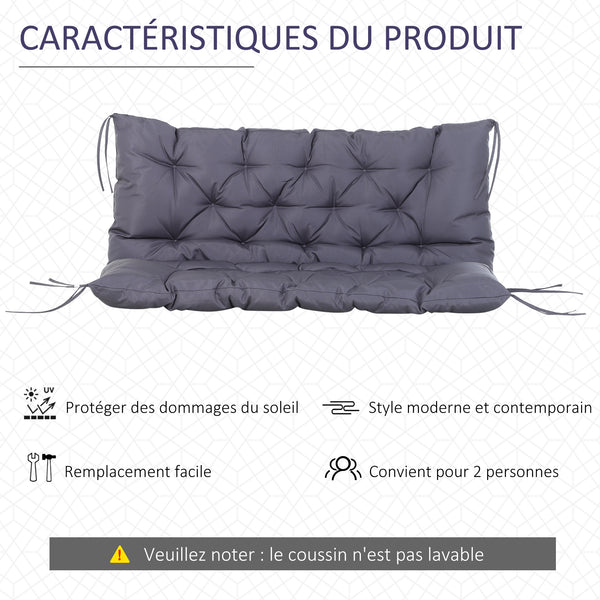 Coussin Matelas Assise Dossier pour Banc de Jardin balancelle canapé 2 Places Grand Confort 132 x 110 x 10 cm Gris