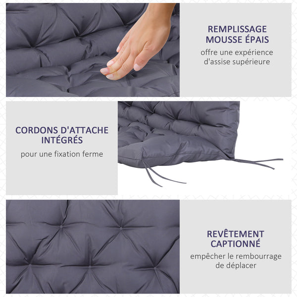 Coussin Matelas Assise Dossier pour Banc de Jardin balancelle canapé 2 Places Grand Confort 132 x 110 x 10 cm Gris