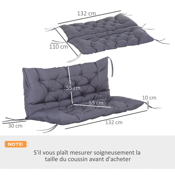 Coussin Matelas Assise Dossier pour Banc de Jardin balancelle canapé 2 Places Grand Confort 132 x 110 x 10 cm Gris