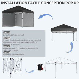 Tonnelle de jardin pop-up pliant barnum réglable en hauteur protection UV 30+ 2 parois latérales - sac de transport inclus - pour fête, événement plein air - 297 x 297 x 288 cm noir