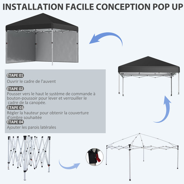Tonnelle de jardin pop-up pliant barnum réglable en hauteur protection UV 30+ 2 parois latérales - sac de transport inclus - pour fête, événement plein air - 297 x 297 x 288 cm noir