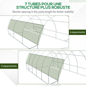 Serre de jardin 18 m² dim. 6L x 3l x 2H m avec porte + parois latérales zippées enroulables, 12 fenêtres, acier PE haute densité 140 g/m² Anti-UV vert