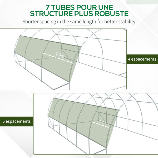 Serre de jardin 18 m² dim. 6L x 3l x 2H m avec porte + parois latérales zippées enroulables, 12 fenêtres, acier PE haute densité 140 g/m² Anti-UV vert
