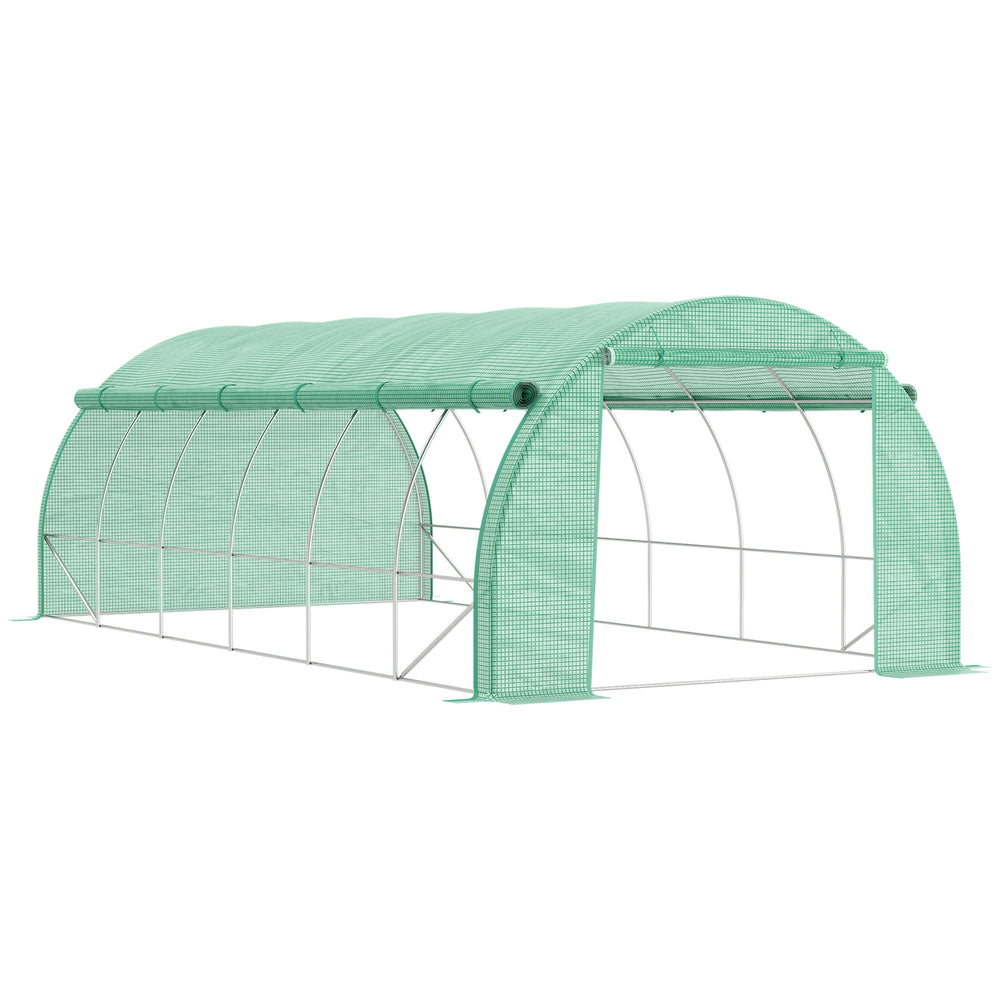Serre de jardin 18 m² dim. 6L x 3l x 2H m avec porte + parois latérales zippées enroulables, 12 fenêtres, acier PE haute densité 140 g/m² Anti-UV vert