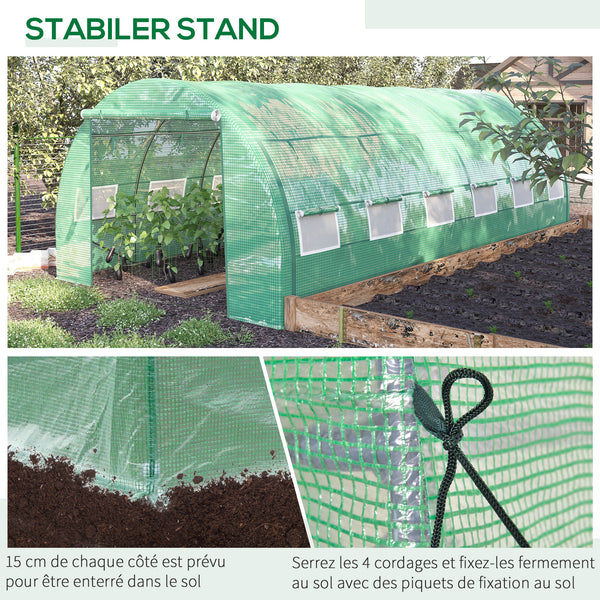 Serre de jardin 18 m² dim. 6L x 3l x 2H m avec porte + parois latérales zippées enroulables, 12 fenêtres, acier PE haute densité 140 g/m² Anti-UV vert